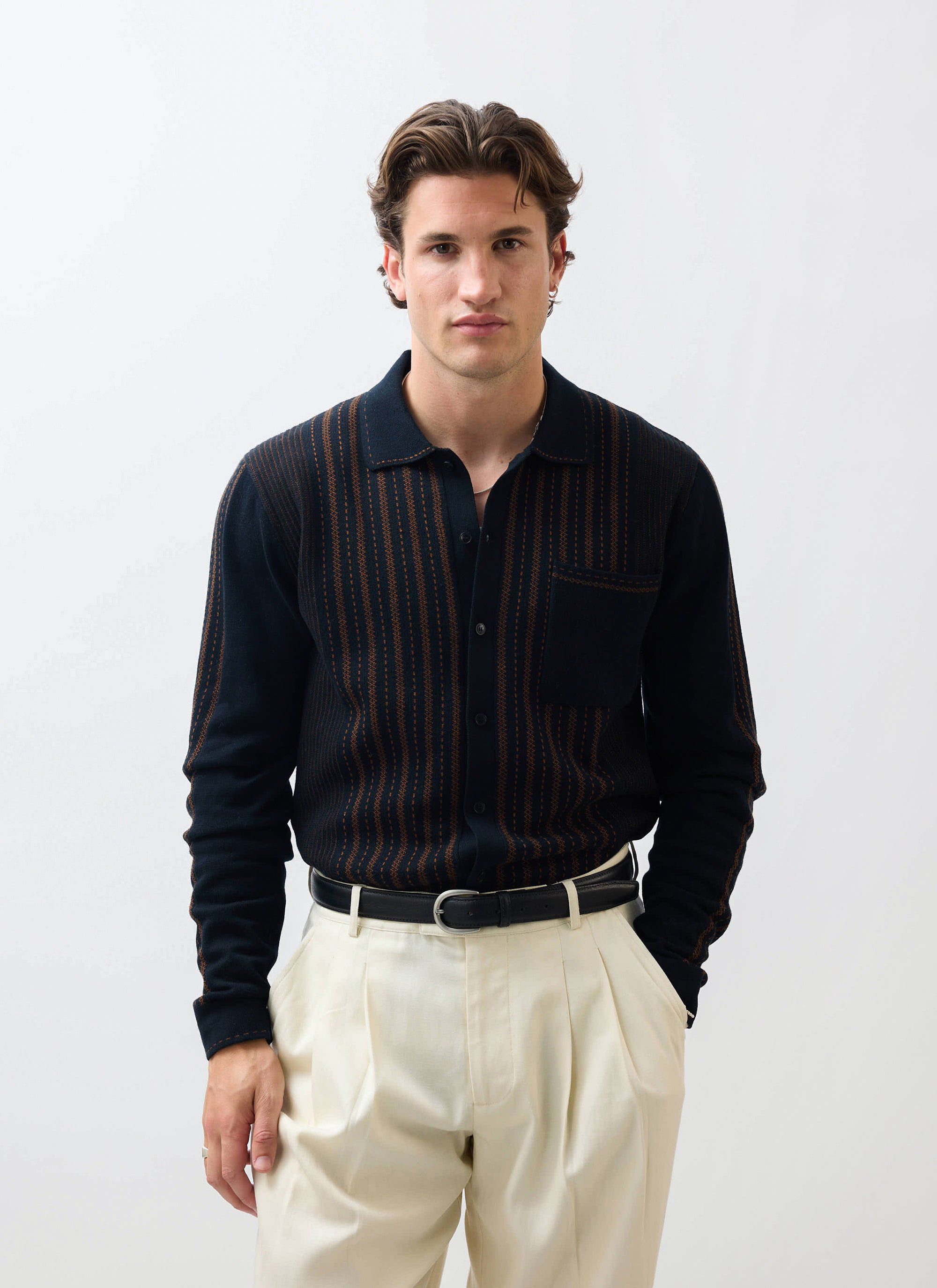 Appendix Long Sleeve Knitted Shirt | Cotton | Black with Brown