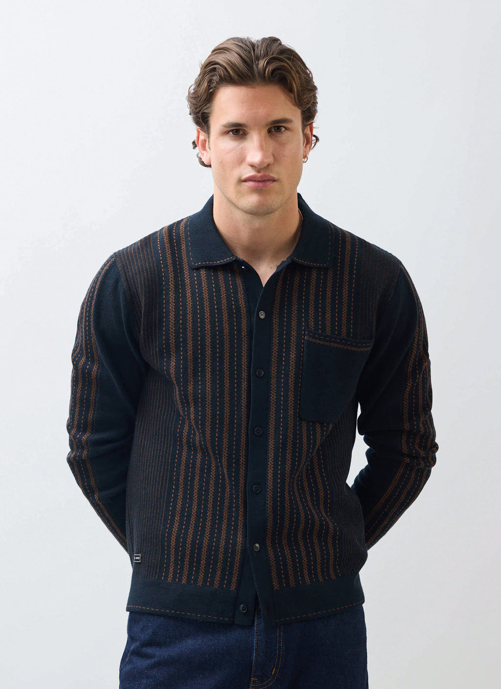 Appendix Long Sleeve Knitted Shirt | Cotton | Black with Brown