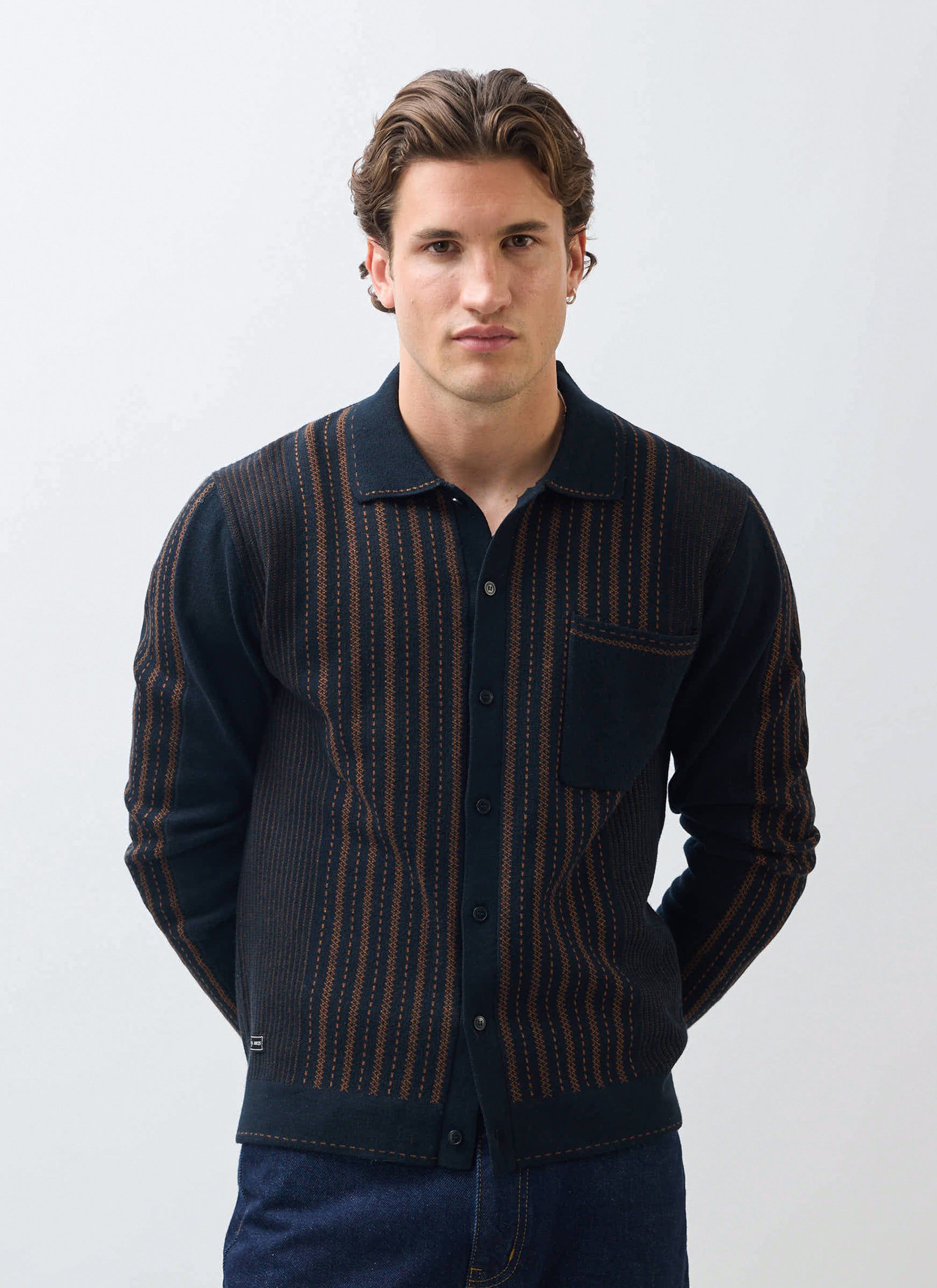 Appendix Long Sleeve Knitted Shirt | Cotton | Black with Brown