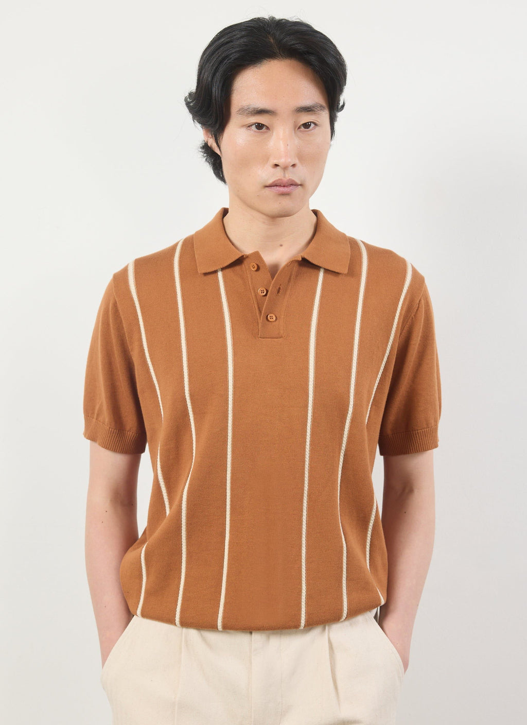 Casa Martini Knitted Polo | Micro Cable Cotton | Brown